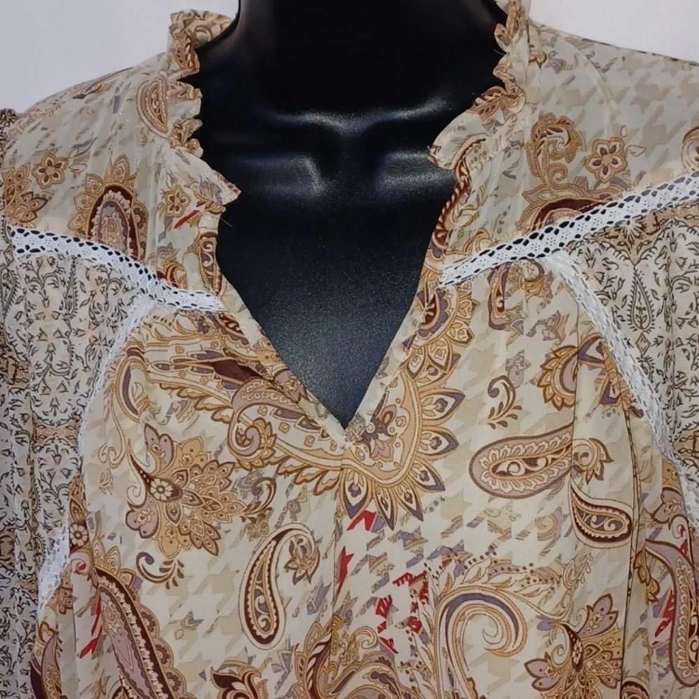 Entro Boho Paisley Print Cream/Tan Puff Sleeve Dress/Tunic S, 21